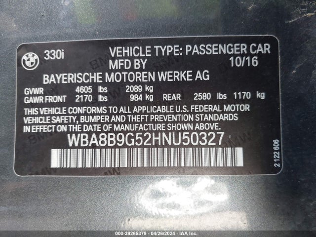 BMW 330I 2017 WBA8B9G52HNU50327 Image 9