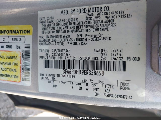 Ford FUSION SE 2014 3FA6P0HD9ER358658 Image 9