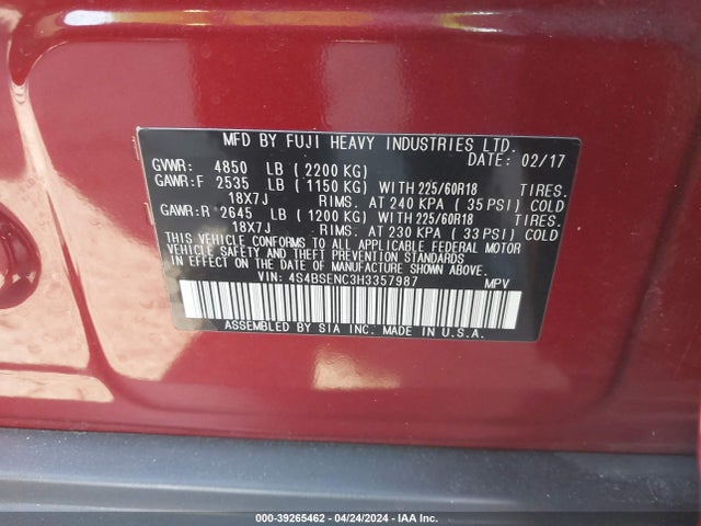 Subaru Outback 3.6r Limited 2017 4S4BSENC3H3357987 Image 9