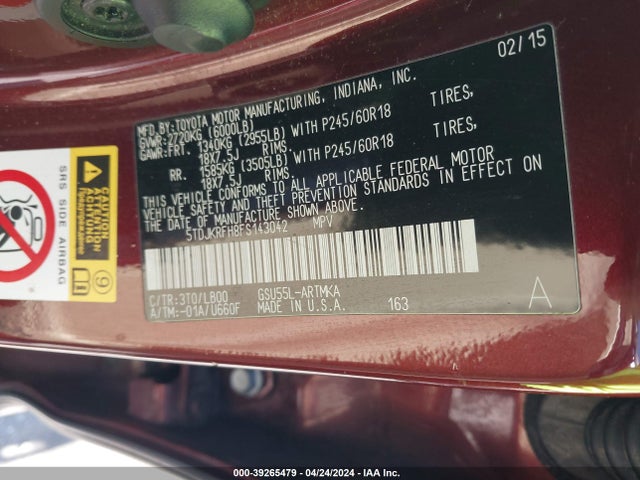 Toyota Highlander Xle V6 2015 5TDJKRFH8FS143042 Image 9