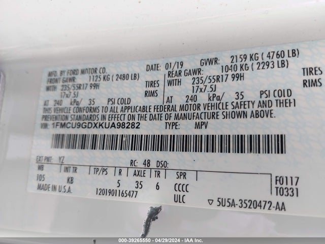Ford ESCAPE SE 2019 1FMCU9GDXKUA98282 Image 9