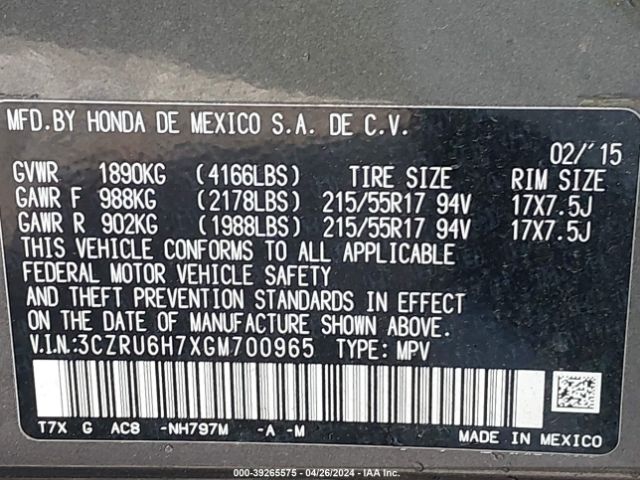 3CZRU6H7XGM700965 Honda Hr-v Ex-l