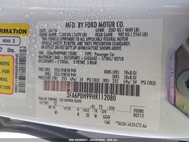 Ford FUSION SE 2017 3FA6P0H99HR112080 Image 9