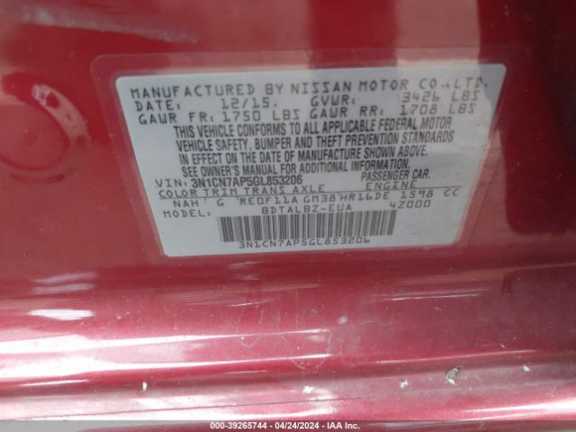 3N1CN7AP5GL853206 Nissan Versa 1.6 S/1.6 S+/1.6 Sl/1.6 Sv
