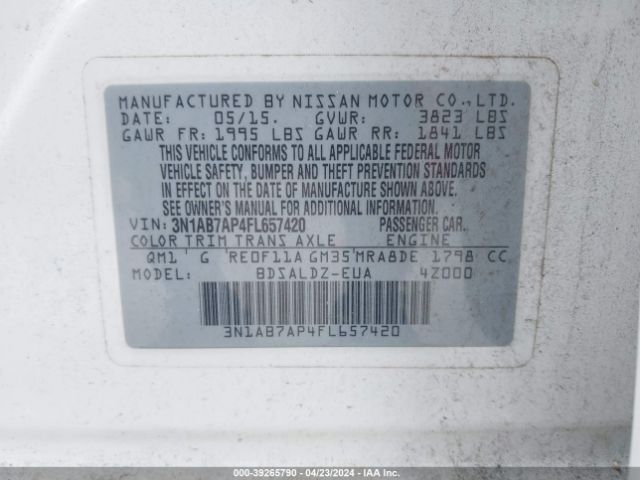 3N1AB7AP4FL657420 Nissan Sentra Fe+ S/s/sl/sr/sv