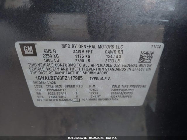 Chevrolet EQUINOX 1LT 2015 1GNALBEK8FZ117905 Image 9