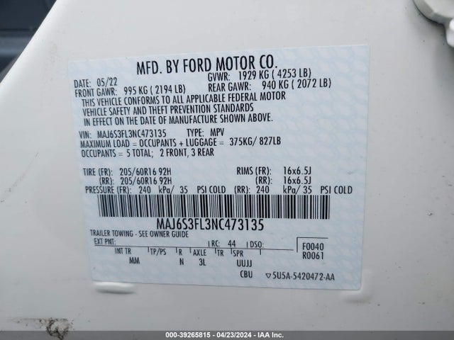 Ford ECOSPORT S 2022 MAJ6S3FL3NC473135 Image 9