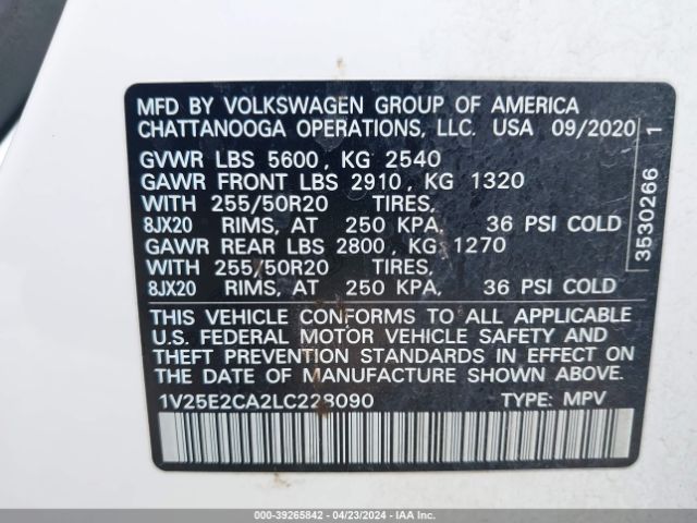1V25E2CA2LC228090 Volkswagen Atlas Cross Sport 3.6l V6 Se W/technology/3.6l V6 Se W/technology R-line