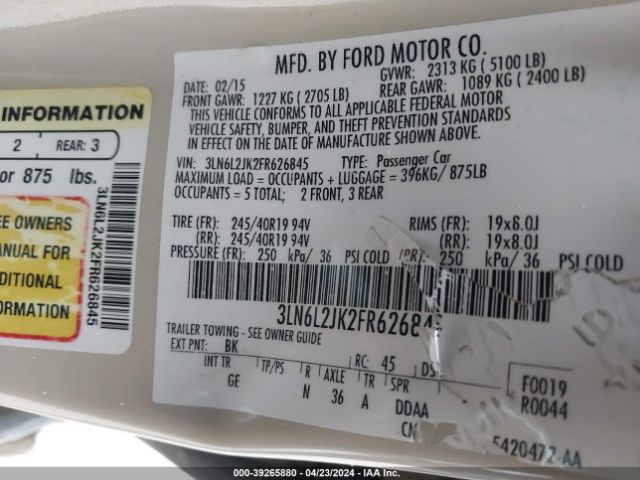 3LN6L2JK2FR626845 Lincoln MKZ