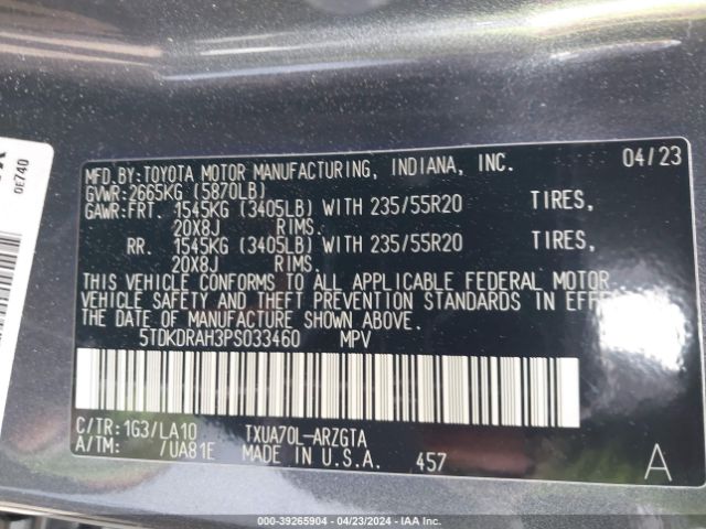 5TDKDRAH3PS033460 Toyota Highlander Platinum