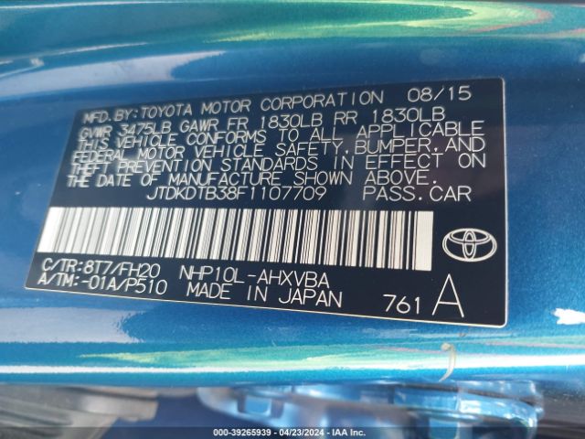 JTDKDTB38F1107709 Toyota Prius C One