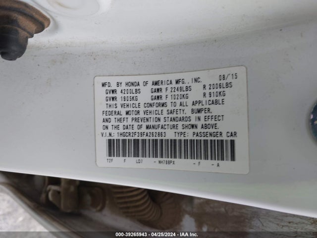 Honda ACCORD LX 2015 1HGCR2F39FA262863 Image 9