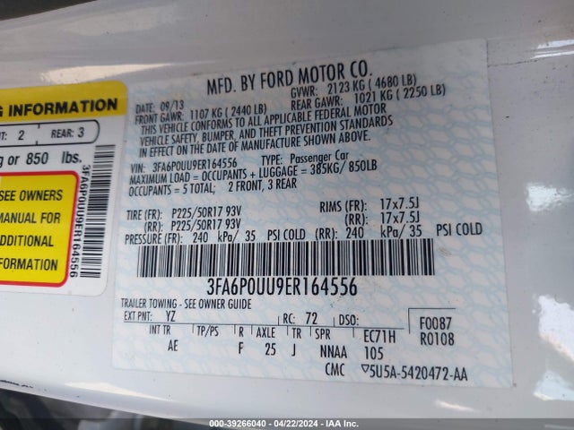 Ford Fusion Hybrid S 2014 3FA6P0UU9ER164556 Image 9