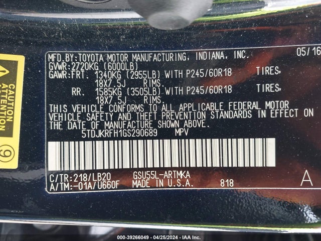 Toyota Highlander Xle V6 2016 5TDJKRFH1GS290689 Image 9