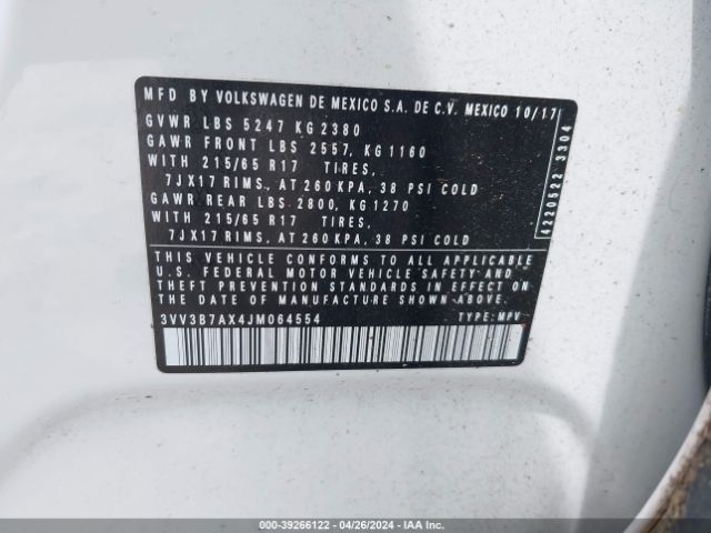 3VV3B7AX4JM064554 Volkswagen Tiguan 2.0t Se/2.0t Sel