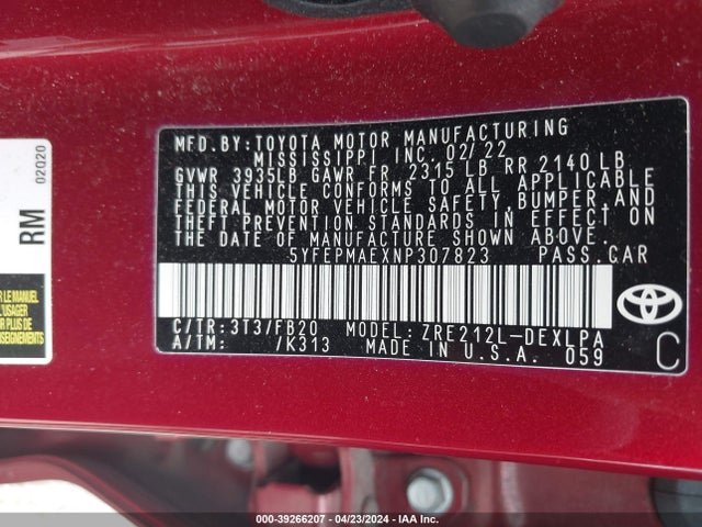 Toyota COROLLA LE 2022 5YFEPMAEXNP307823 Image 9
