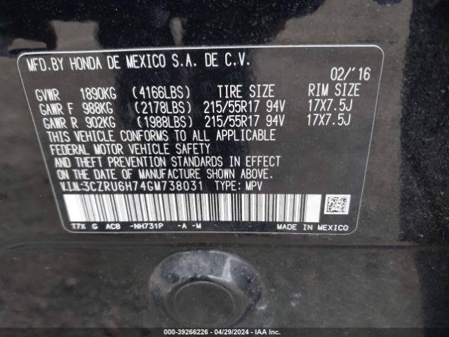 3CZRU6H74GM738031 Honda Hr-v Ex-l