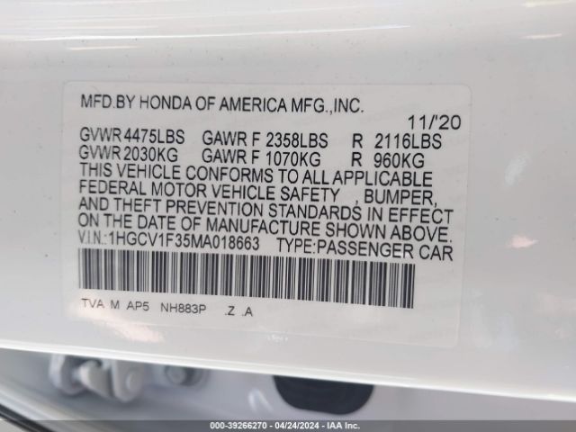 1HGCV1F35MA018663 Honda Accord Sport