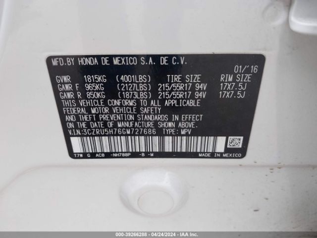 3CZRU5H76GM727686 Honda Hr-v Ex-l