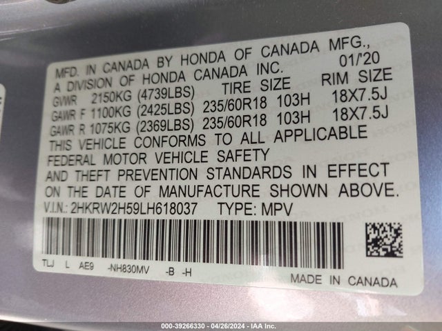 Honda Cr-v Awd Ex 2020 2HKRW2H59LH618037 Image 9