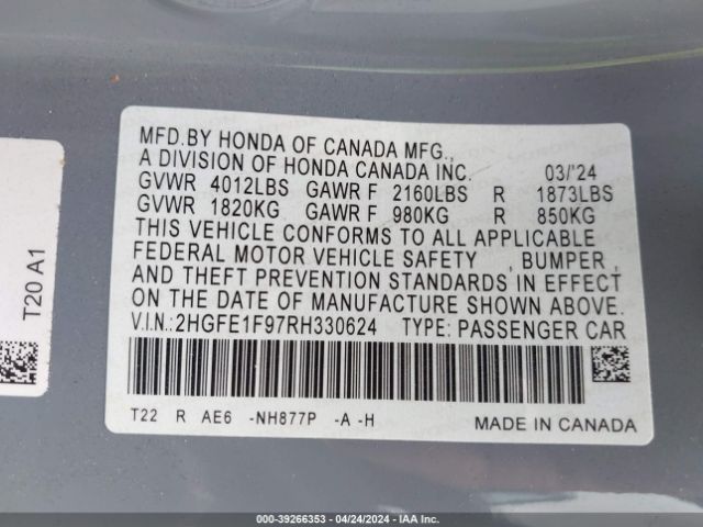 2024 HONDA CIVIC 2HGFE1F97RH330624 Photo 8