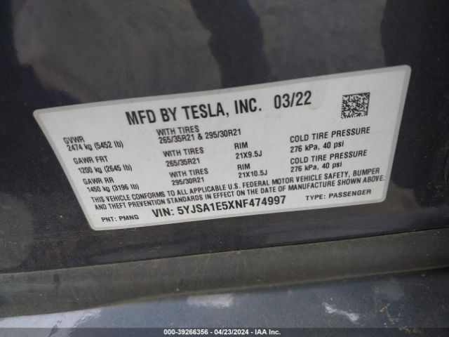 5YJSA1E5XNF474997 Tesla Model S Dual Motor All-wheel Drive