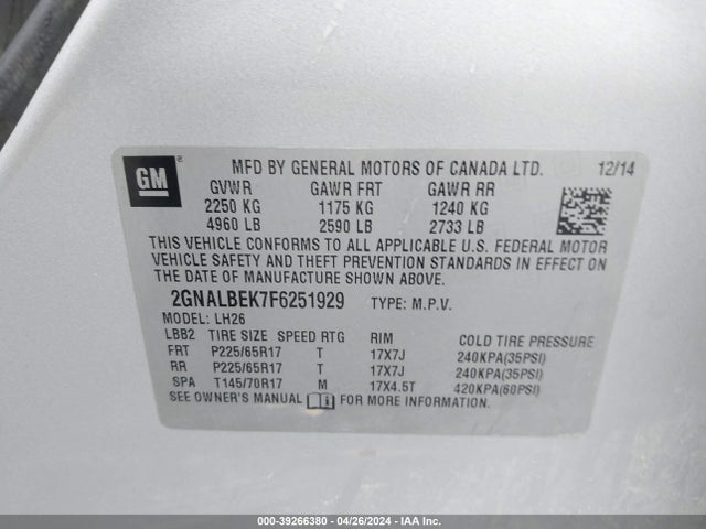 Chevrolet EQUINOX 1LT 2015 2GNALBEK7F6251929 Image 9