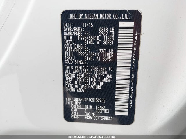 Nissan Quest Sv 2016 JN8AE2KP1G9152732 Image 9