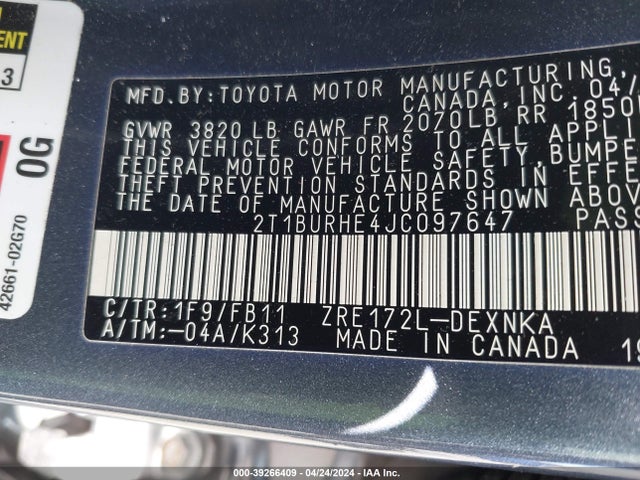 Toyota COROLLA LE 2018 2T1BURHE4JC097647 Image 9