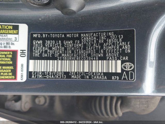 2T1BURHE8EC039448 Toyota Corolla S Plus