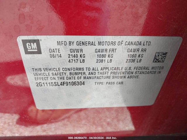 Chevrolet IMPALA 1LT 2015 2G1115SL4F9106304 Image 9