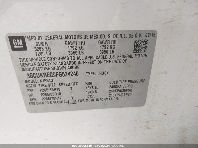 Chevrolet Silverado 1500 1lt 2015 3GCUKREC9FG524240 Image 9