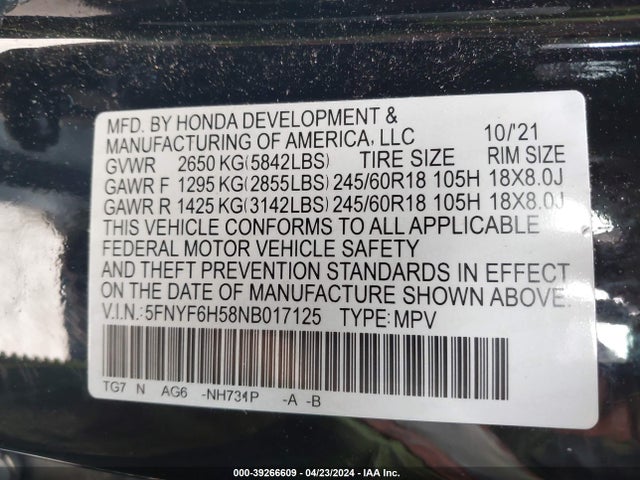 Honda Pilot Awd Ex-l 2022 5FNYF6H58NB017125 Image 9