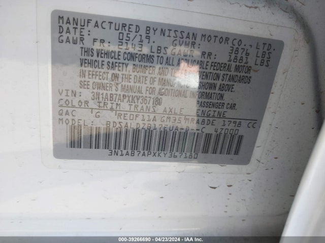 Nissan SENTRA SV 2019 3N1AB7APXKY367180 Image 9