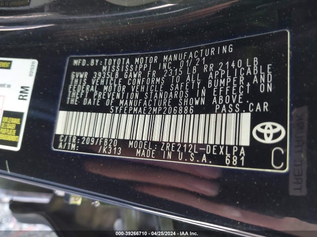 Toyota COROLLA LE 2021 5YFEPMAE2MP206886 Image 9