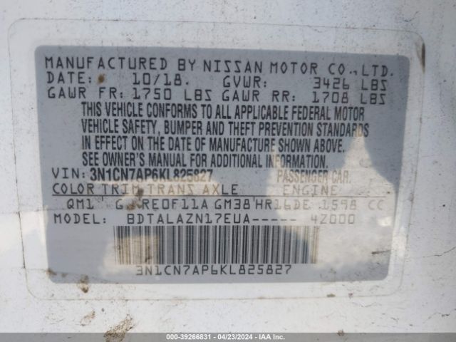 3N1CN7AP6KL825827 Nissan Versa 1.6 S+