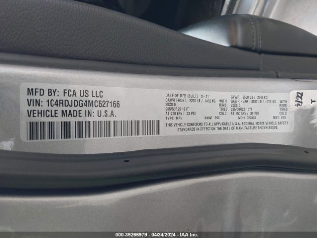 1C4RDJDG4MC627166 Dodge Durango Gt Plus Awd