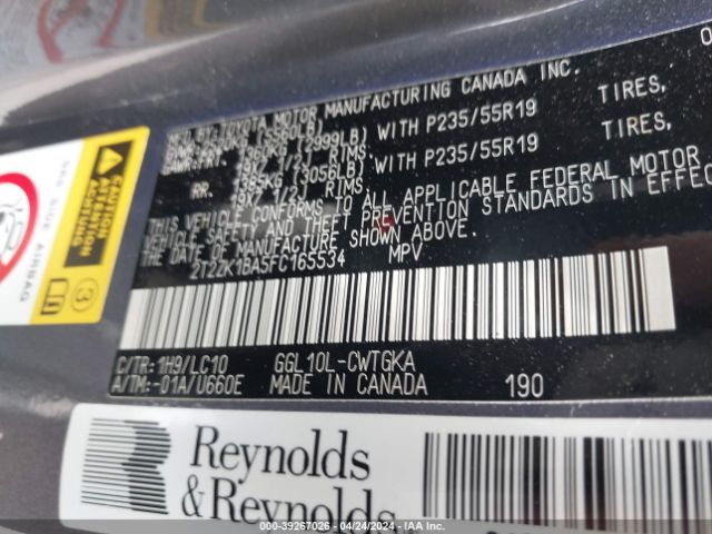 2T2ZK1BA5FC165534 Lexus RX 350