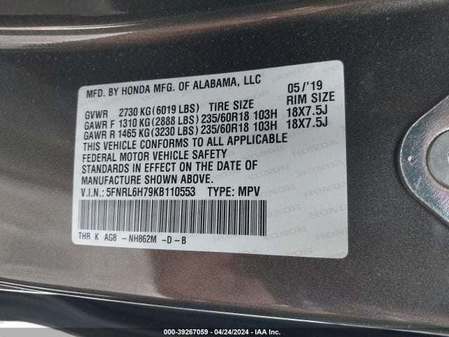 Honda Odyssey Ex-l 2019 5FNRL6H79KB110553 Image 9