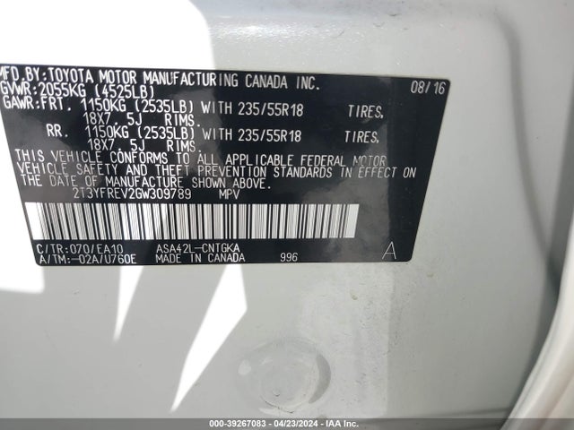 Toyota Rav4 Limited 2016 2T3YFREV2GW309789 Image 9