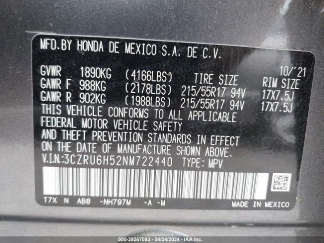 3CZRU6H52NM722440 Honda Hr-v Awd Ex
