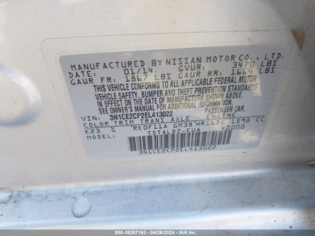 3N1CE2CP2EL413022 Nissan Versa Note Sv