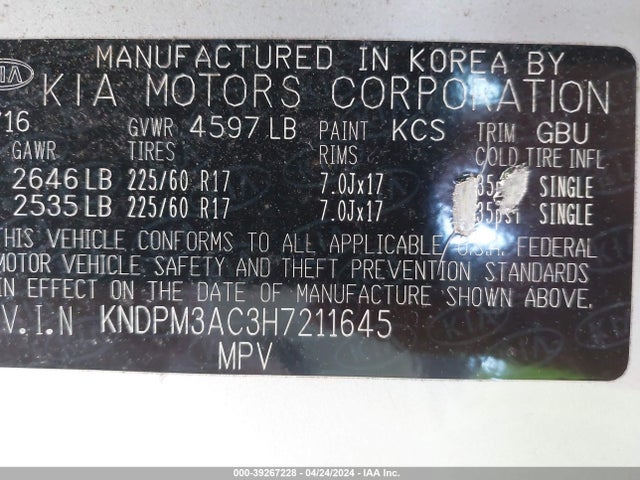 Aukcja sprzedaży 2017 Kia Sportage Lx, vin: KNDPM3AC3H7211645, numer aukcji: 39267228