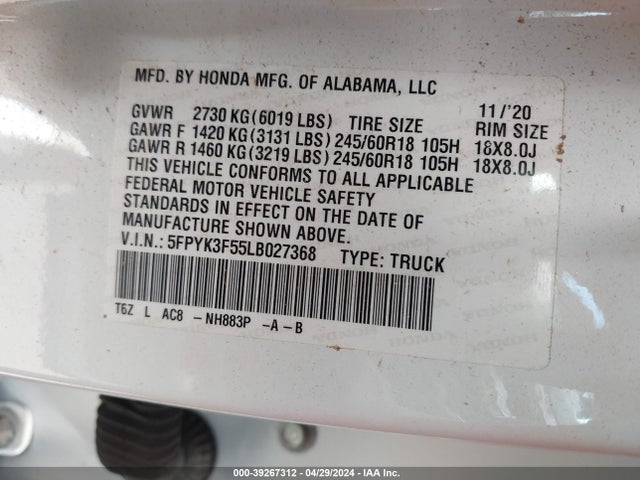 Honda Ridgeline Awd Rtl 2020 5FPYK3F55LB027368 Image 9