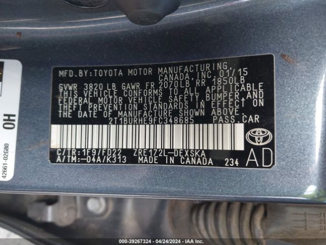 2T1BURHE9FC348685 Toyota Corolla S Plus