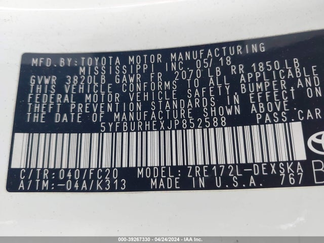 Toyota COROLLA SE 2018 5YFBURHEXJP852588 Image 9