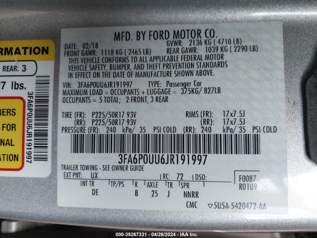 Ford Fusion Hybrid S 2018 3FA6P0UU6JR191997 Image 9