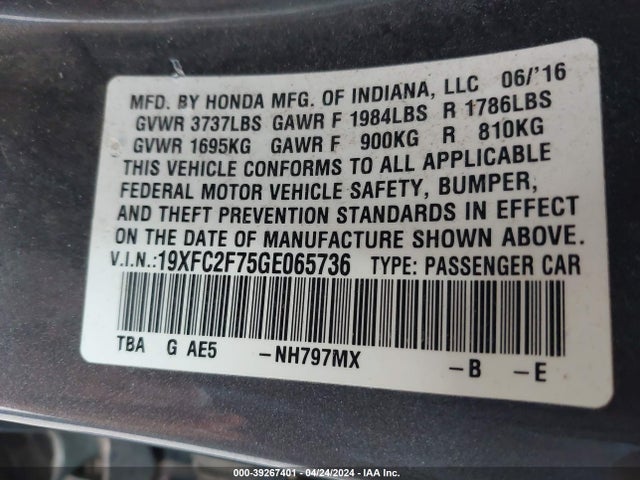 Honda CIVIC EX 2016 19XFC2F75GE065736 Image 9