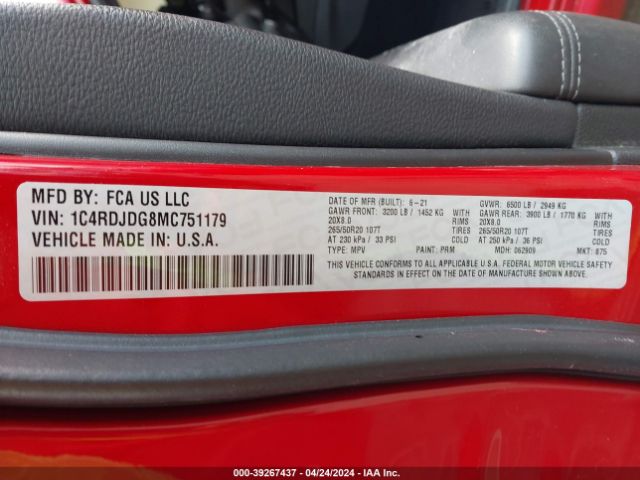 1C4RDJDG8MC751179 Dodge Durango Gt Awd