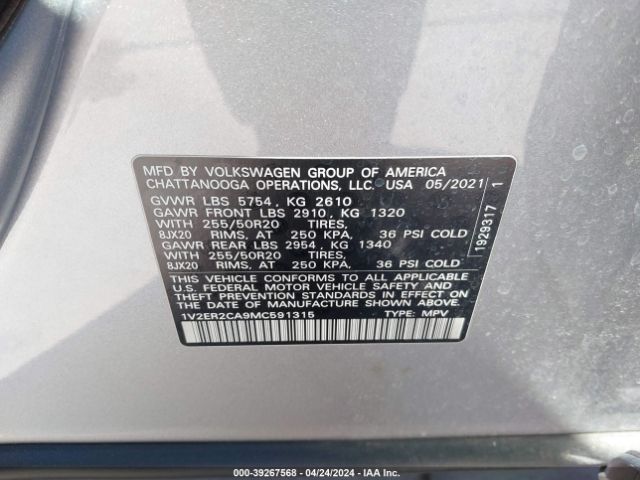 1V2ER2CA9MC591315 Volkswagen Atlas 3.6l V6 Sel